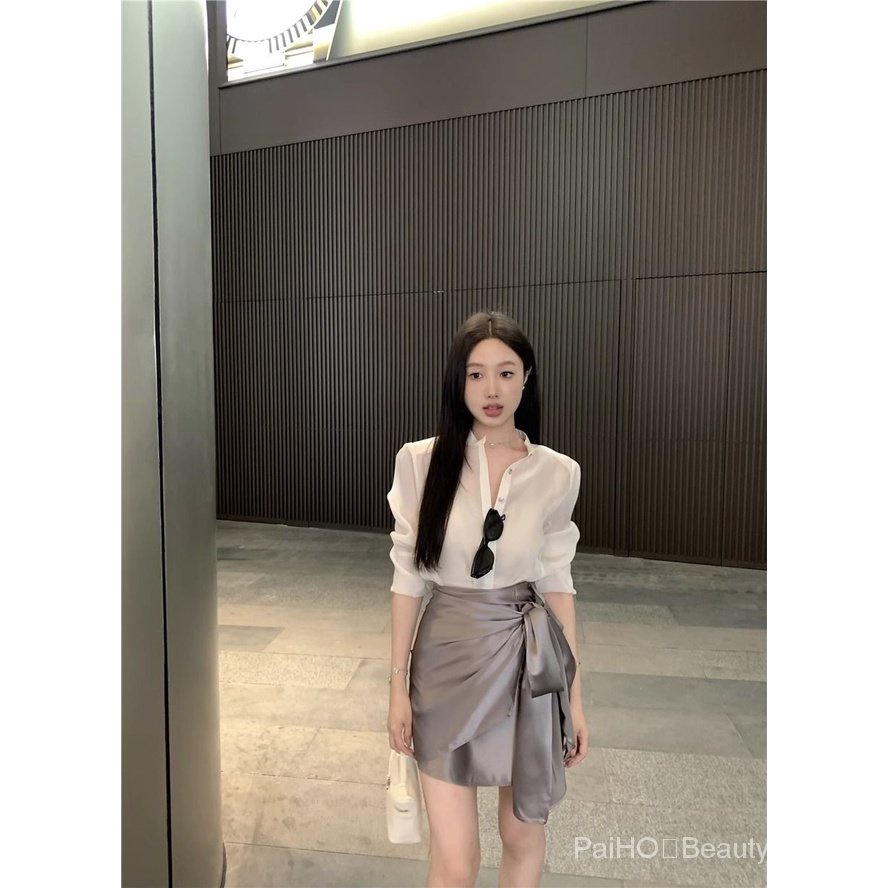 PaiHO❤ Áo Sơ Mi Chống Nắng Dáng Rộng Vải Tuyn + Chân Váy Eo Cao Thời Trang Mùa Hè Hàng Mới Dành Cho Bạn Nữ