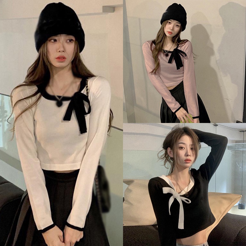 Áo Thun croptop Dệt Kim Tay Dài Cổ Tròn Thắt Nơ Màu Tương Phản Phong Cách Hàn Quốc Thời Trang Cho Nữ
