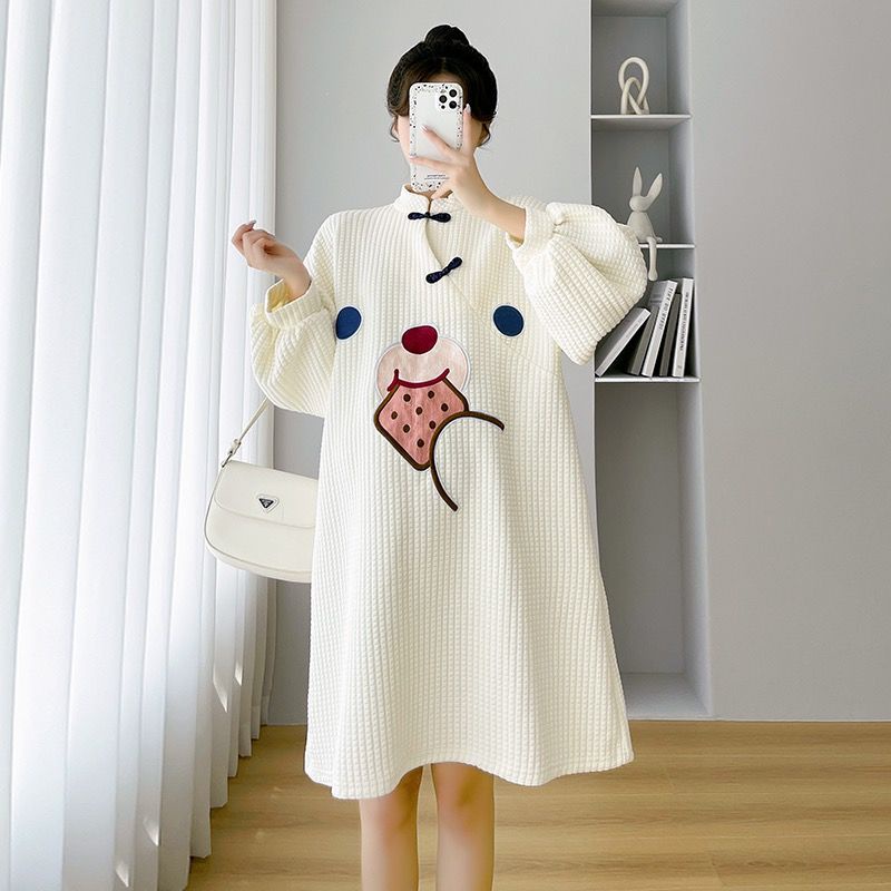 Sườn Xám Dáng Rộng In Hoạt Hình Thời Trang Xuân Thu Cho Mẹ Bầu