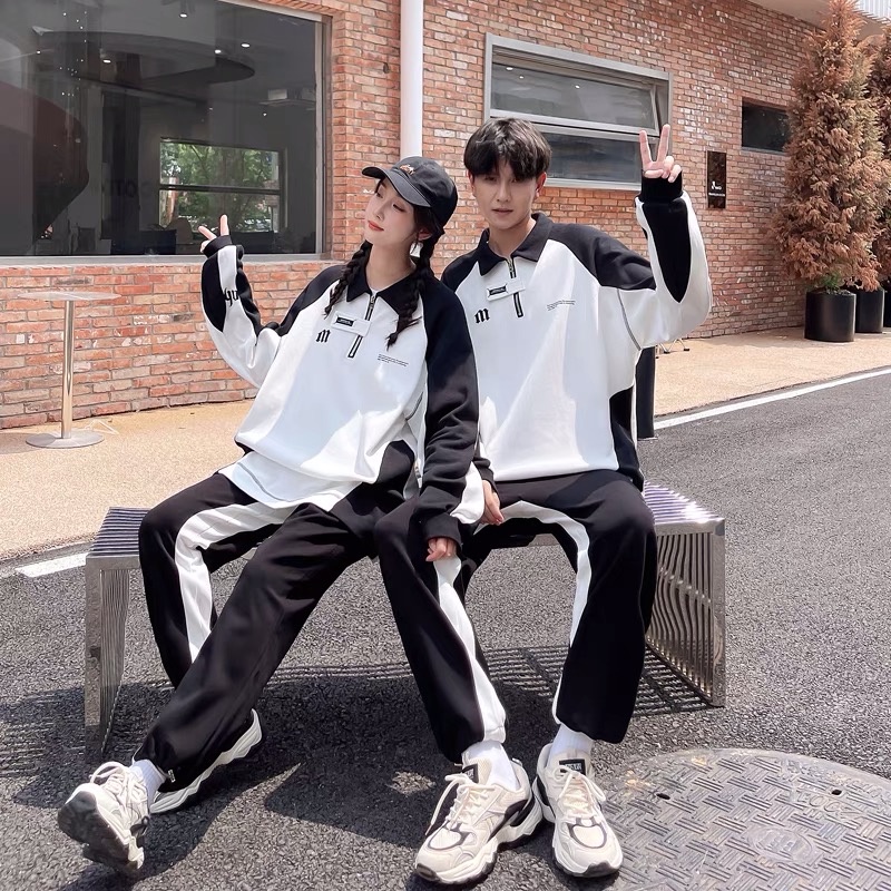 Áo nỉ sweater polo cho nam và nữ , phối màu đen trắng thêu chữ M kiểu dáng unisex 2023 EA096 Meme