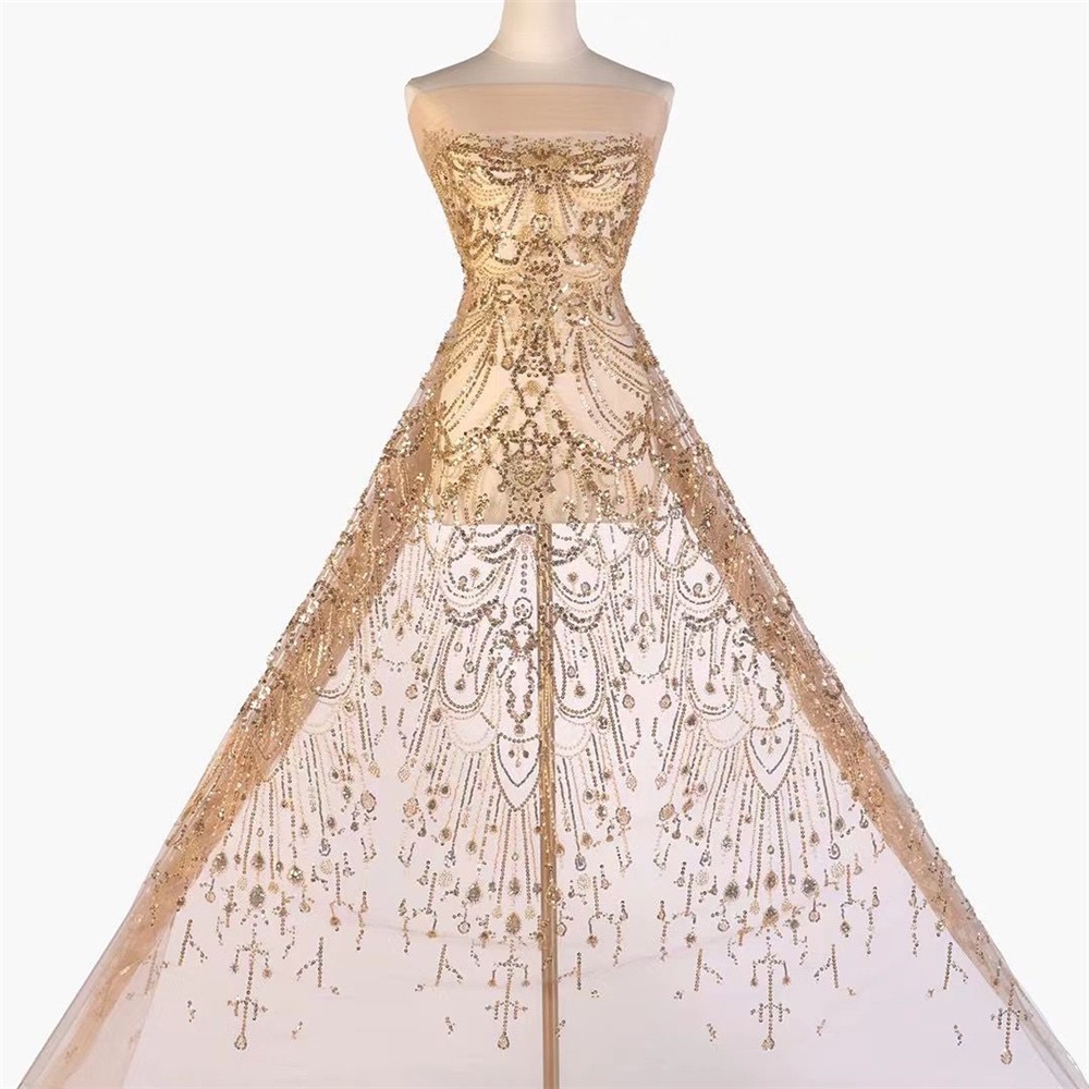 Vải Ren Thêu Họa Tiết Đính Kim Sa Lấp Lánh Thời Trang Âu Mỹ Dùng May Đầm Cưới