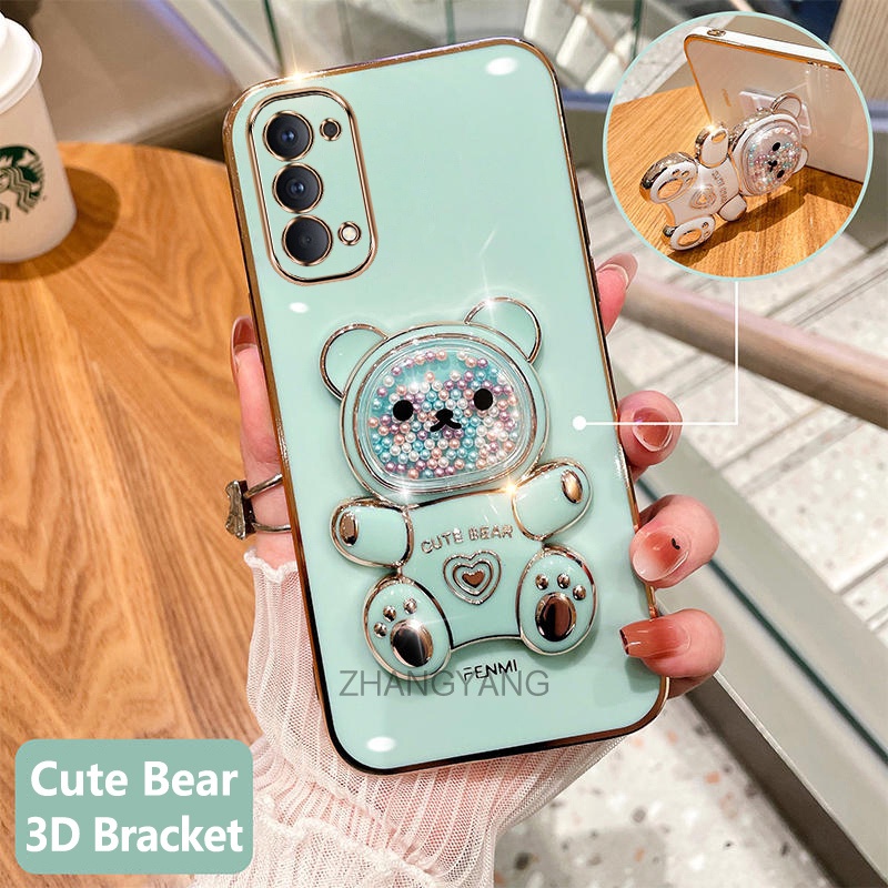 Ốp lưng oppo reno 4 reno 5 reno 4 pro Ốp Điện Thoại tpu Dẻo Mạ Màu 3D In Hình Gấu Nhỏ Đáng Yêu Có Giá Đỡ Cho oppo reno 4 reno 5 reno 4 pro