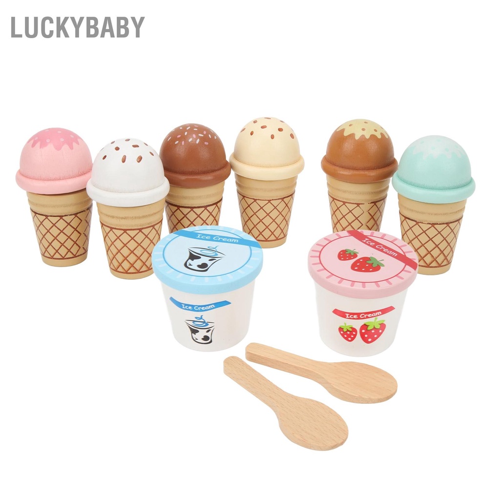 LUCKYBABY Đồ chơi làm kem bằng gỗ Quầy Playset Giáo dục Nhập vai tương tác Bộ đồ dành cho trẻ em