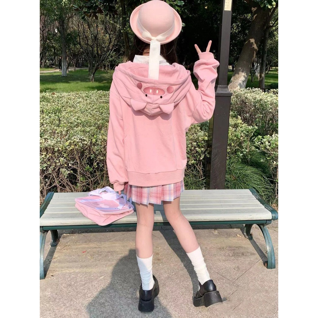 Áo Hoodie Nhung Dày Dặn Dáng Rộng Thêu Hình Chú Heo Dễ Thương Thời Trang Thu Đông Cho Nữ