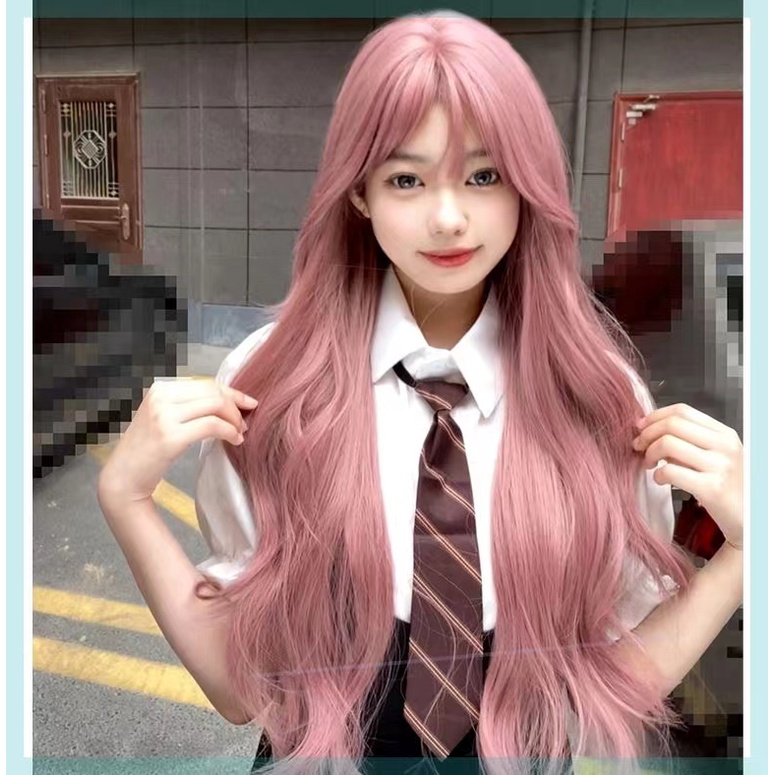 Bộ Tóc Giả Dài Xoăn Màu Hồng Nhạt Kèm Mái Bằng Sợi Tổng Hợp Phong Cách lolita Dành Cho Nam Nữ