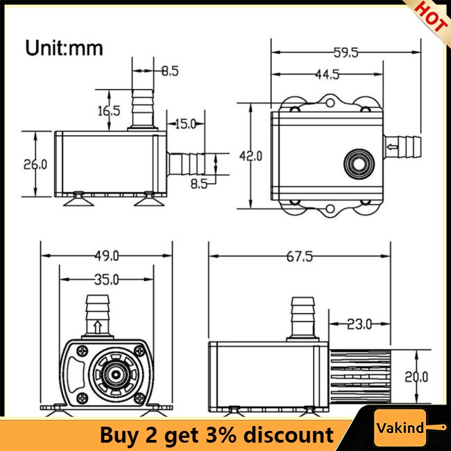 Vakind Máy Bơm Nước mini dc12v usb 5v 4 Chế Độ Không Chổi Than