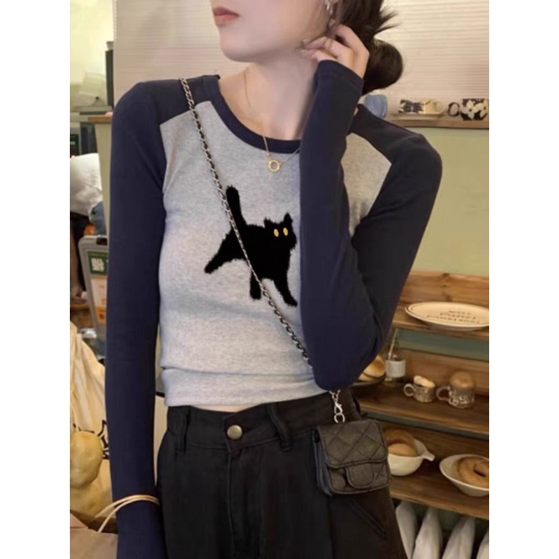Áo baby tee  Áo Thun Tay Dài Áo croptop tay dài Hở Vai Màu Sắc Tương Phản Phong Cách retro Mỹ Thời Trang Mùa Thu Cho Nữ
