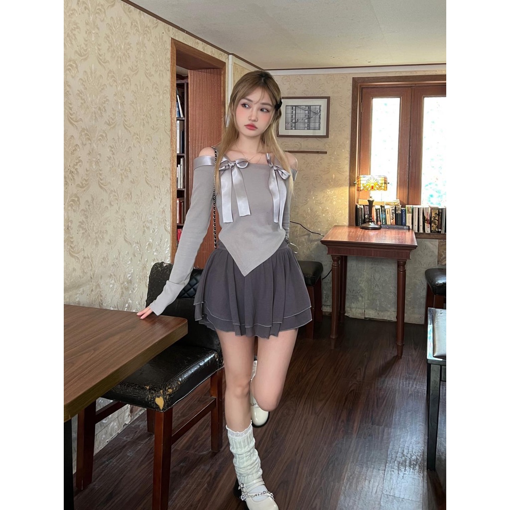 XIYUYI Áo Kiểu Ba Lê Ôm Dáng Tay Dài Hở Vai Phối Ruy Băng Nơ Cho Nữ