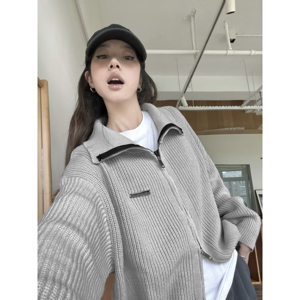 Cozok Áo Khoác cardigan Dệt Kim Tay Dài Màu Trơn Có Khóa Kéo Phong Cách retro