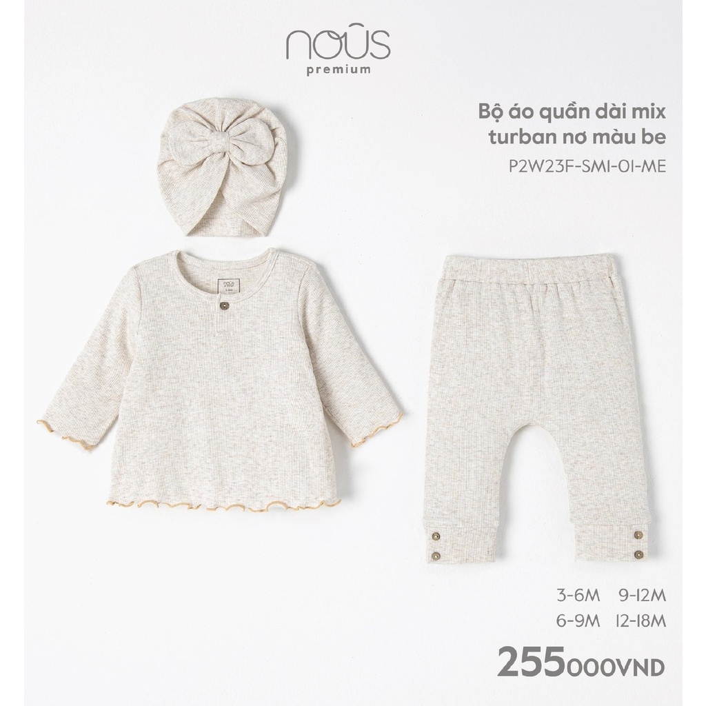 NOUS - Bộ áo quần dài mix turban nơ màu be 3M 6M 9M 12M - SS23.10 - babywearvn