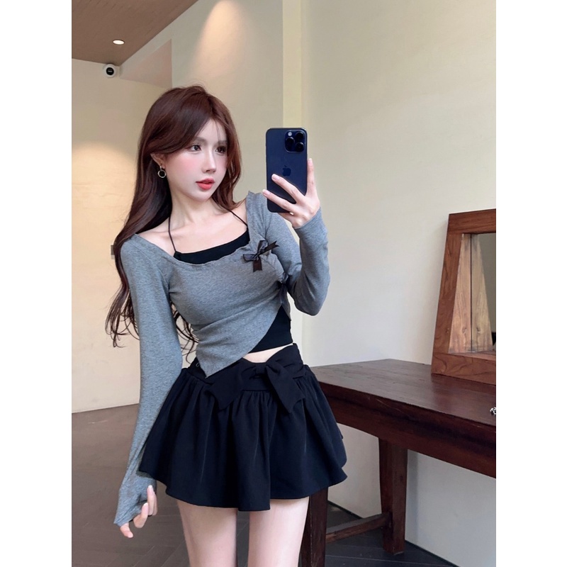 Set Áo Thun Tay Dài Phối Bèo Nhún + Quần Yếm Thời Trang Cho Nữ