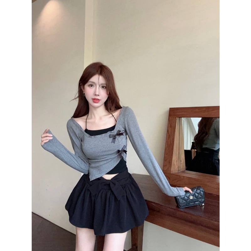 Set Áo Thun Tay Dài Phối Bèo Nhún + Quần Yếm Thời Trang Cho Nữ