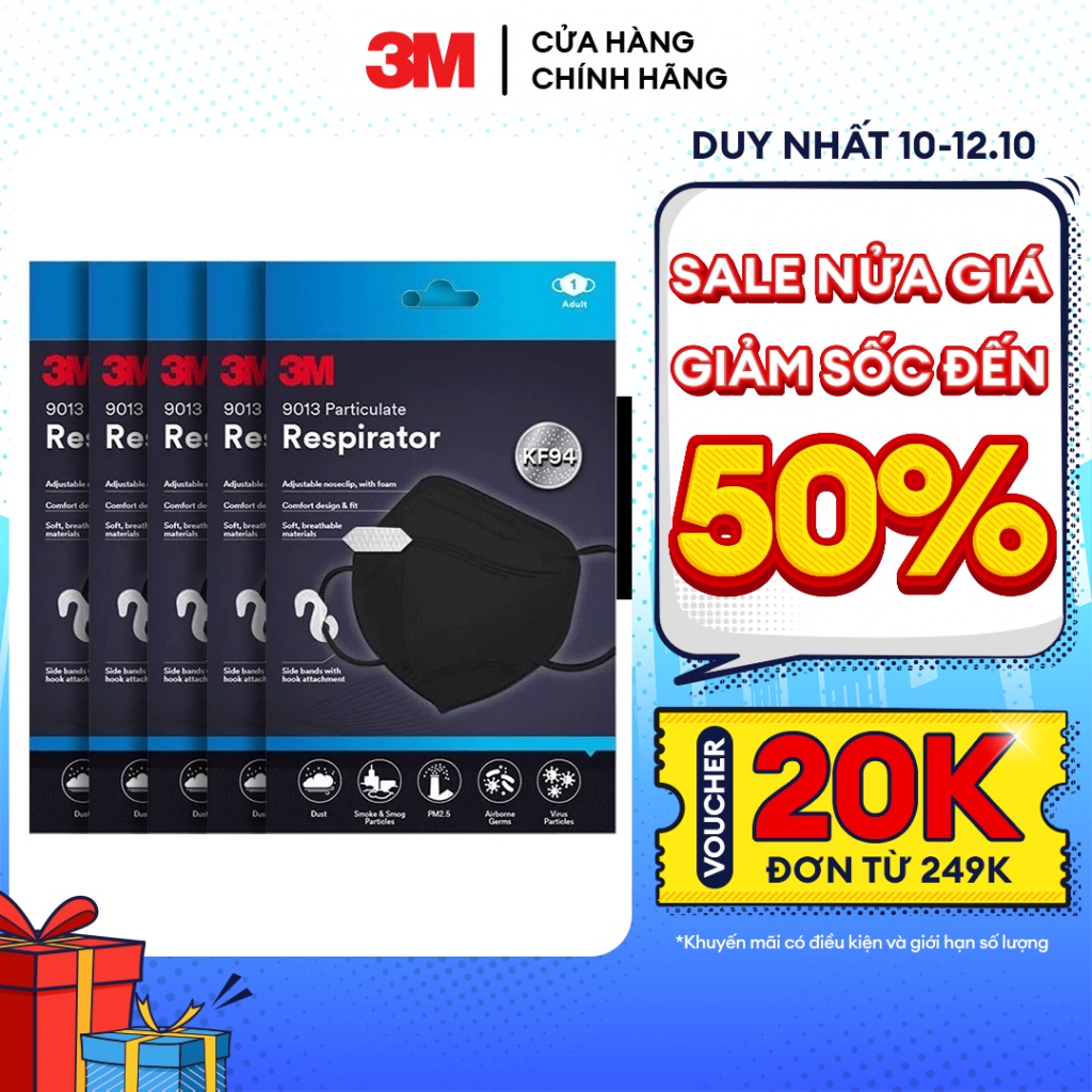 Combo 5 Khẩu Trang 3M 9013 đạt chuẩn KF94, Ngăn ngừa bụi mịn PM2.5 Đen