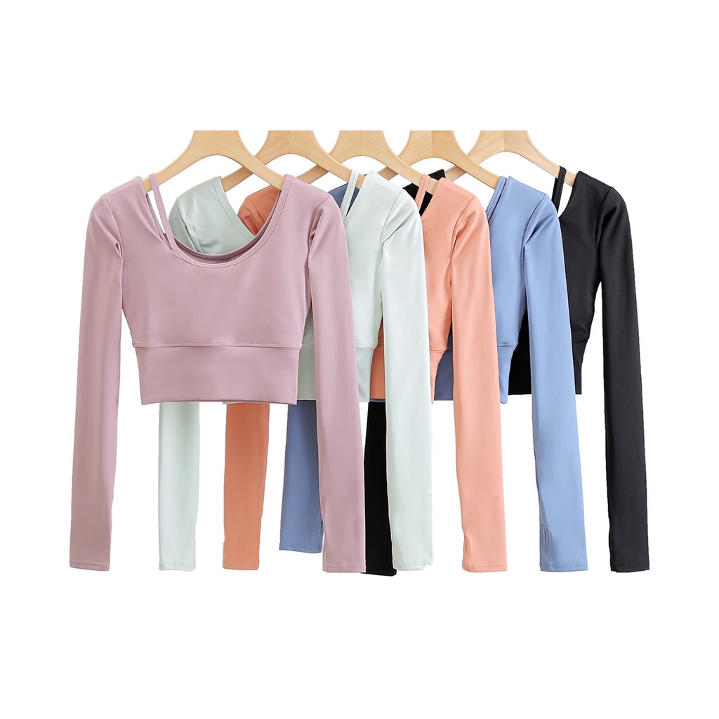 Áo Thun yoga Tay Dài Cổ Chữ u Hở Lưng Quyến Rũ Cho Nữ