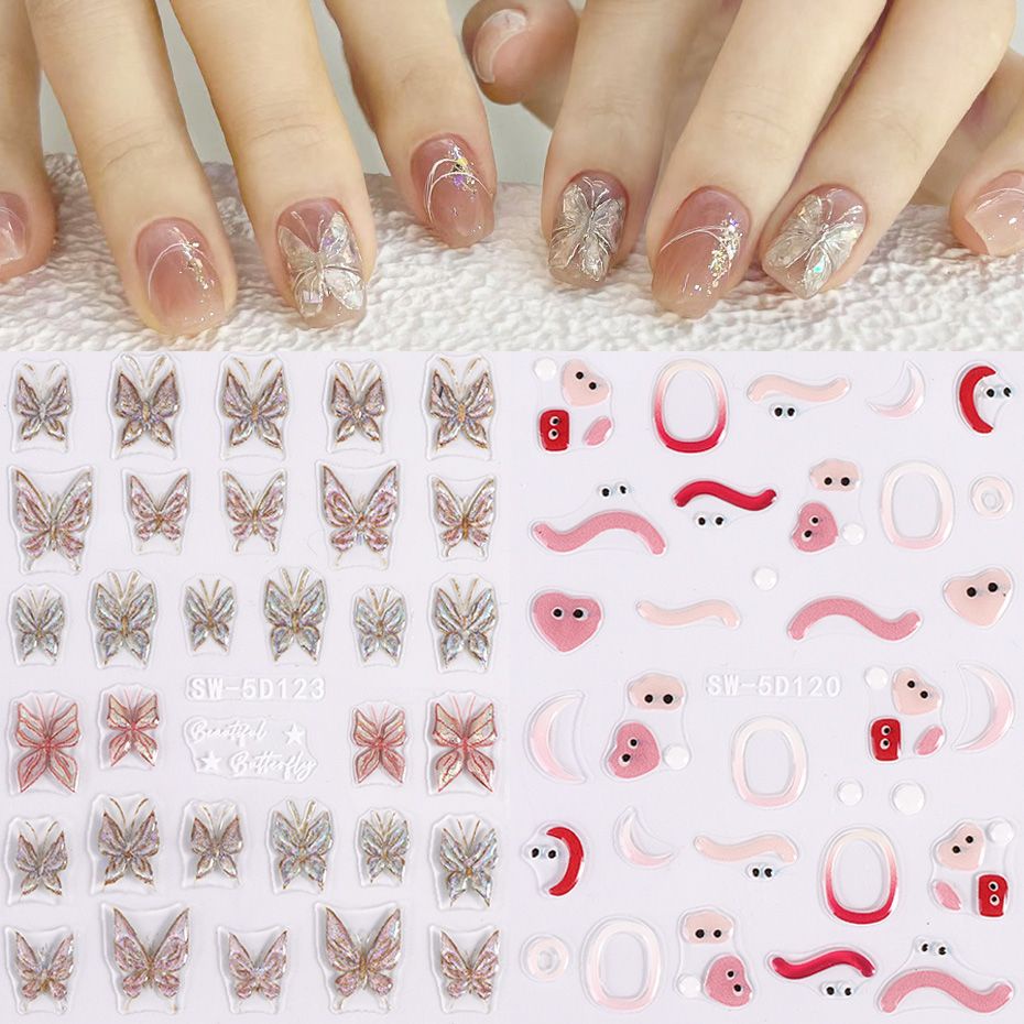 Miếng Dán Kính 5d Dập Nổi Hình Bướm Hoa Hồng Trang Trí Móng Tay