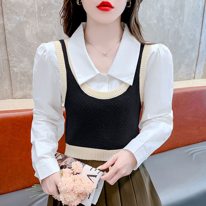 Bộ Áo Sơ Mi Tay Dài + Áo vest Dệt Kim Dáng Ngắn Màu Sắc Tương Phản Thời Trang Mùa Thu 2023