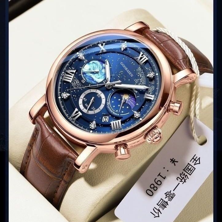 Đồng Hồ Đeo Tay Ba Mắt Chống Nước Phát Sáng Không Cơ Mặt Trời Mặt Trăng Phong Cách Mới Cao Cấp Thời Trang Cho Nam