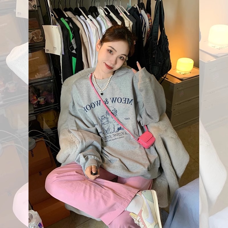 HIIXIIVI Áo Sweater cotton Tay Dài Dáng Rộng In Họa Tiết Thời Trang Hàn Quốc Mới 2024