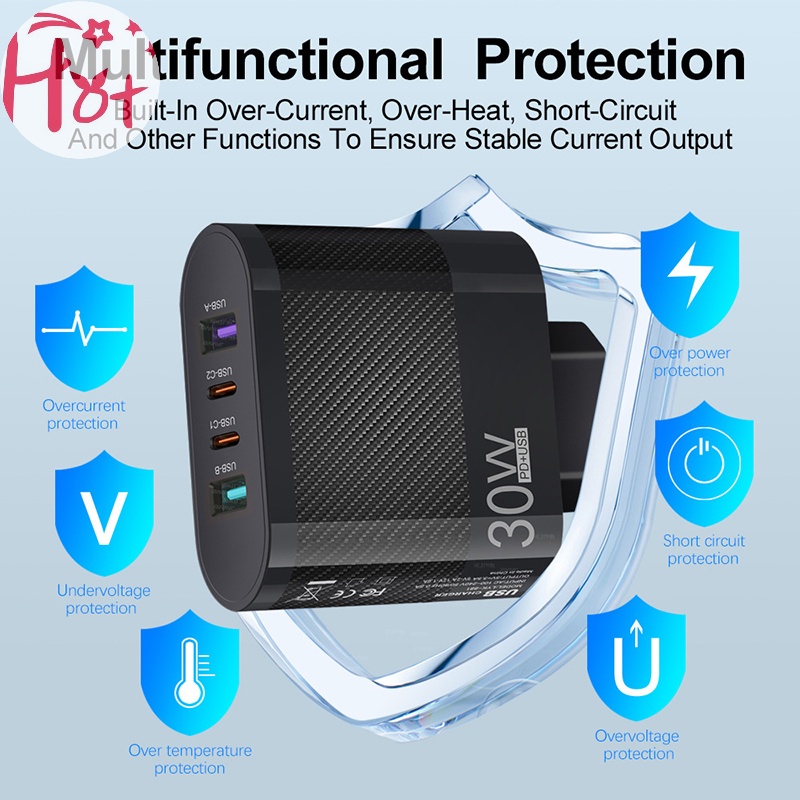 Jr Đầu Sạc Nhanh usb 30w 4 Cổng type c Cho iphone 14 13 pro xiaomi samsung oneplus qc 5.0