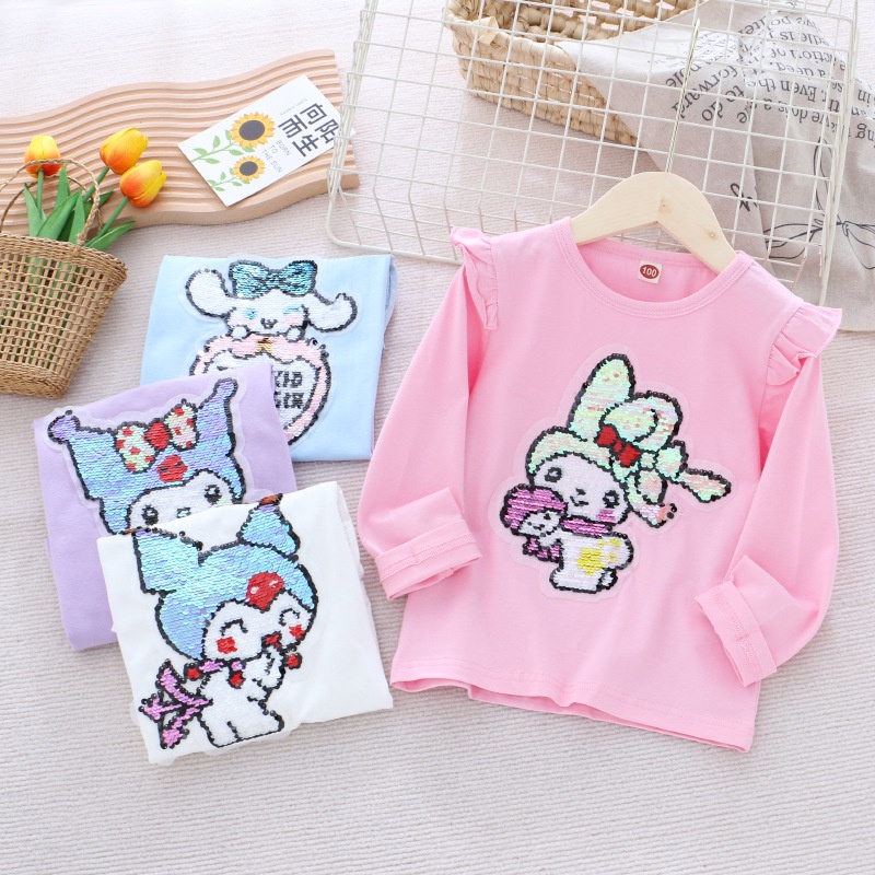 Áo Thun cotton Tay Dài Đính Kim Sa Thay Đổi Màu Sắc Họa Tiết Hoạt Hình Dành Cho Bé Gái