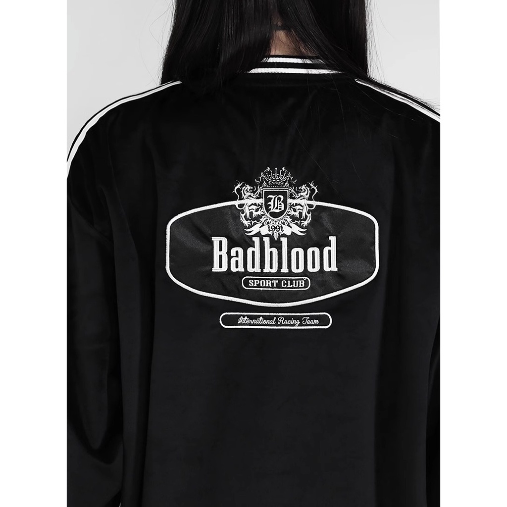 Áo Sweater Thể Thao Tròng Đầu Dáng Rộng Màu Trơn Thêu Chữ badblood Đường Phố Hàn Quốc Kẻ Sọc Màu Trơn Kiểu Mỹ