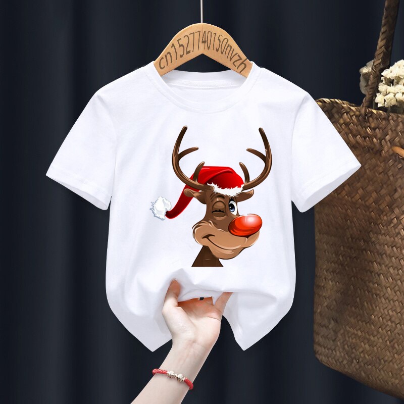 Dễ Thương Áo Thun In Hình Tuần Lộc Giáng Sinh Màu Trắng / Đỏ Đáng Yêu Vui Nhộn Thời Trang Mùa Hè Cho Bé y2k