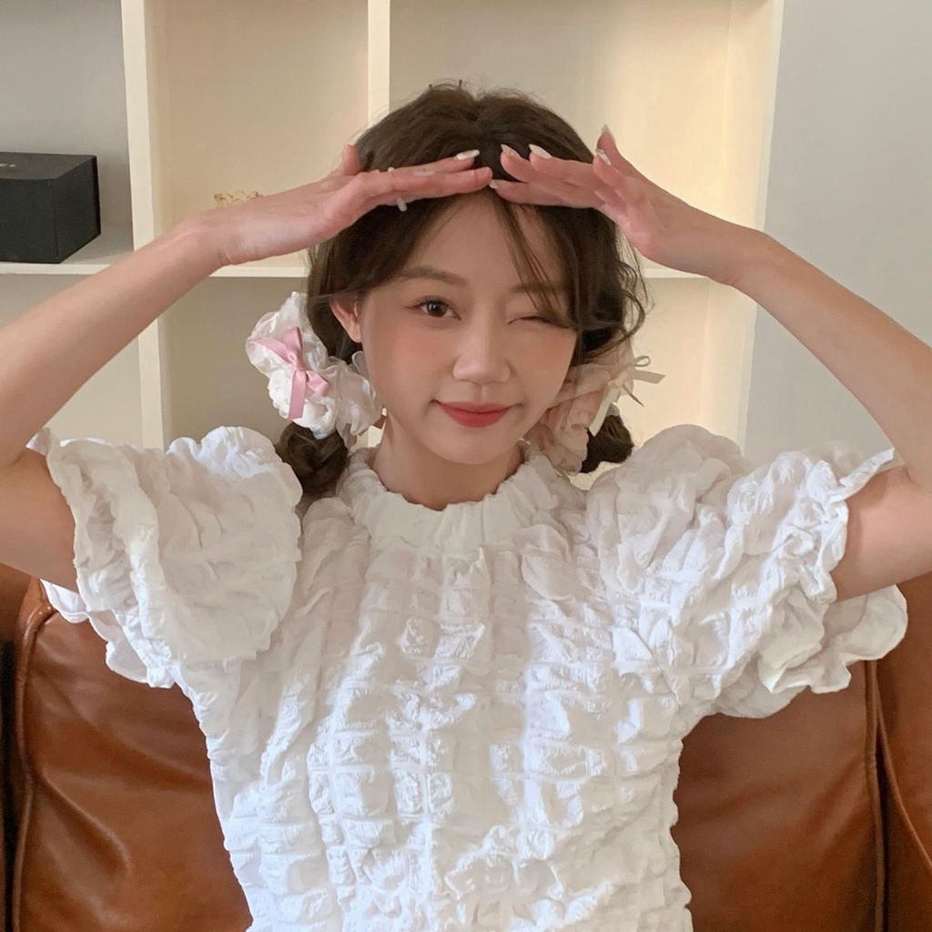 Cột tóc srunchies nơ ren bèo nhún hồng be ngọt ngào S06