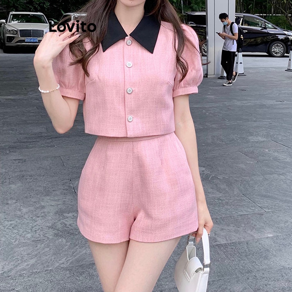 Set quần short Lovito vải tuýt ghép nối màu trơn thanh lịch cho nữ LNE16207 (Màu hồng)
