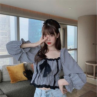 Áo Kiểu Tay Dài Phồng Đính Nơ Họa Tiết Sọc Thời Trang Cho Nữ