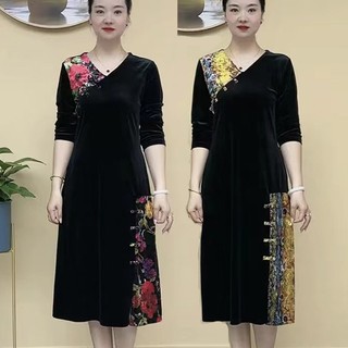 [Hàng Có Sẵn] Đầm Sườn Xám Cách Tân Bằng Nhung Vàng Phong Cách Phương Tây Mới Lạ Cỡ Lớn Thời Trang Xuân Thu Dành Cho Mẹ