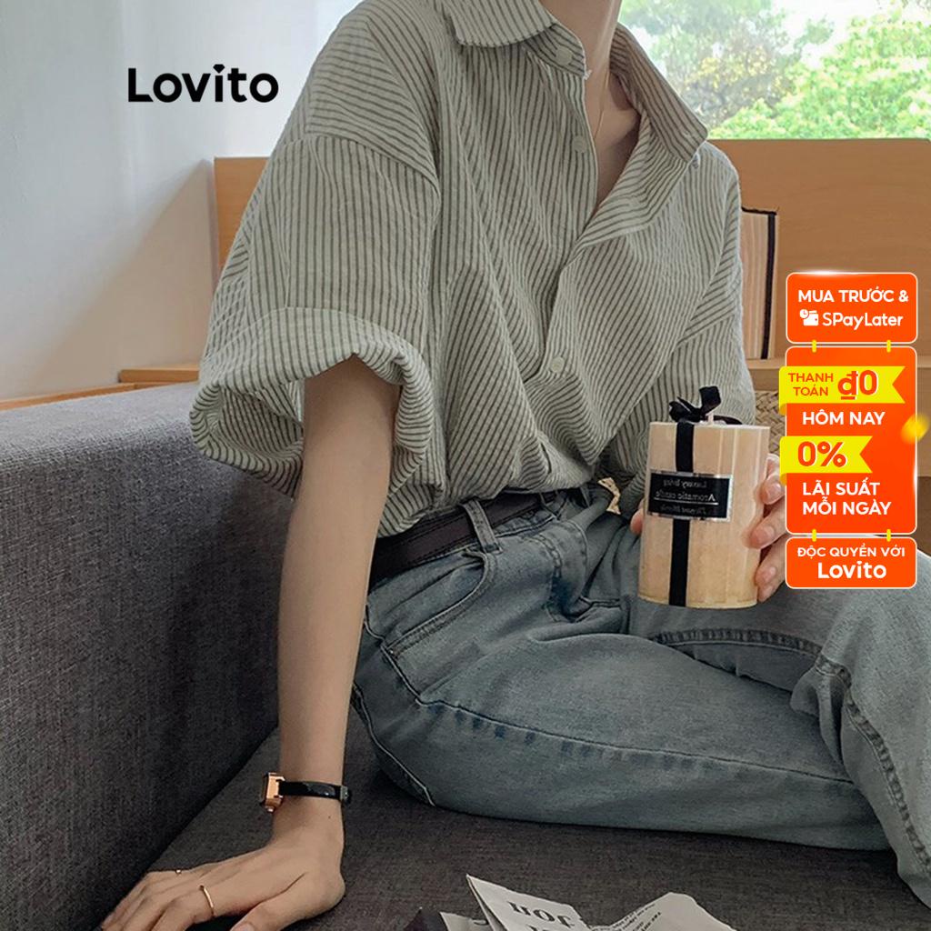 Áo kiểu Lovito tay ngắn cổ đứng nút trước kẻ sọc thường ngày cho nữ LNA08047 (màu xám)