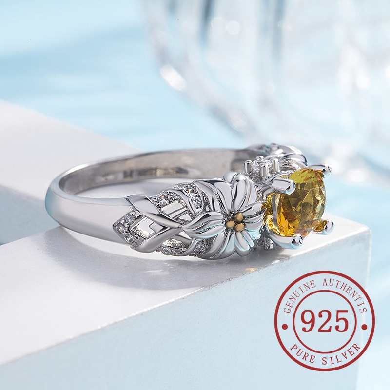 Nhẫn Mạ Bạc 925 Hình Hoa Hướng Dương Đính Kim Cương Vàng Sang Trọng Phong Cách Âu Mỹ