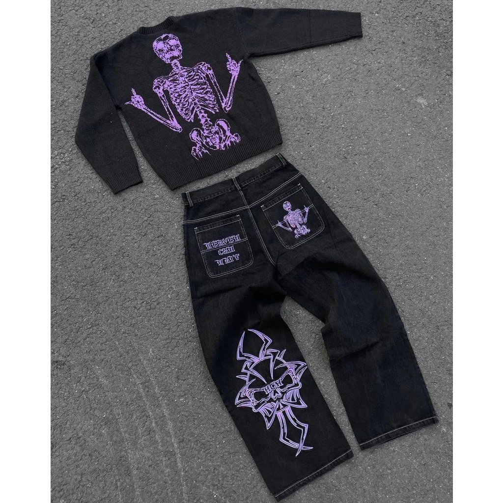 Quần jeans baggy Ống Rộng Thêu Hình Đầu Lâu Phong Cách hip hop Thời Trang Cho Nam y2k