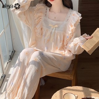 Bộ đồ ngủ cotton tay dài phối ren dễ thương dành cho nữ