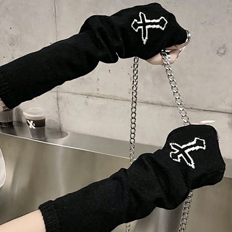 Găng Tay Hở Ngón Màu Đen Họa Tiết Thánh Giá Và Mặt Trăng Phong Cách Gothic Punk Cho Nam Và Nữ YR