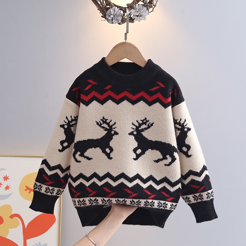 Áo sweater Dày Dặn In Hoạt Hình Tuần Lộc Giáng Sinh Phong Cách Hàn Quốc Thời Trang Thu Đông Cho Bé Trai