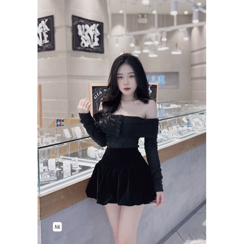 Set áo trễ vai chân váy nhung