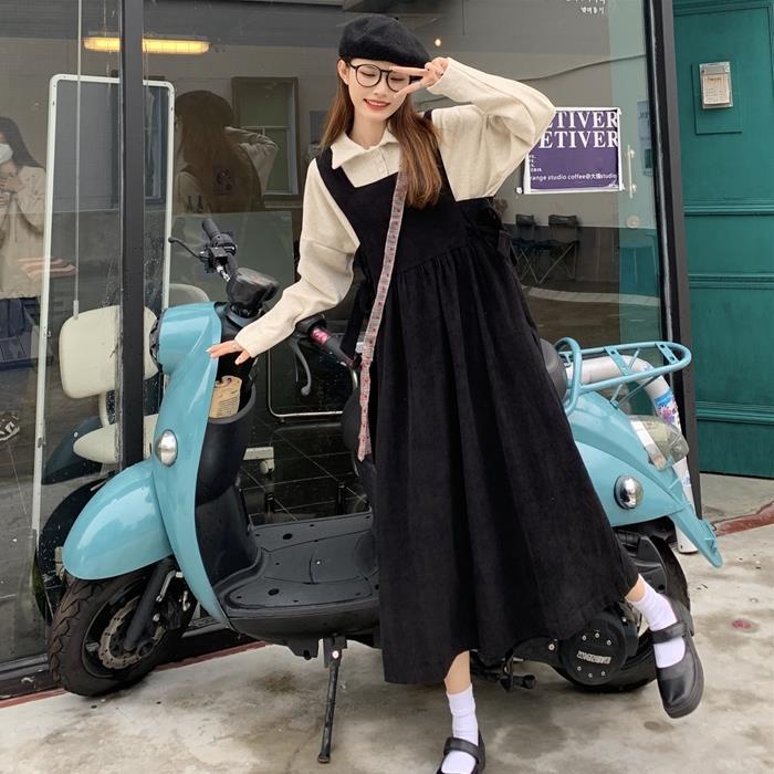 Váy yếm đầm Set Áo Sơ Mi Cổ Búp Bê + Đầm Yếm Dáng Rộng Thời Trang Mùa Thu Cho Nữ