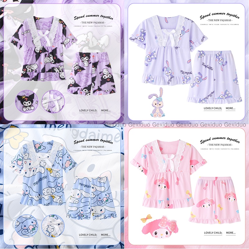 Bộ Đồ Ngủ Trẻ Em Hoạt Hình Dễ Thương Kuromi Cinnamoroll In Họa Tiết Váy Ngủ Áo Tay Ngắn + Quần Short Bộ Đồ Ngủ 2 Chiếc Mùa Hè