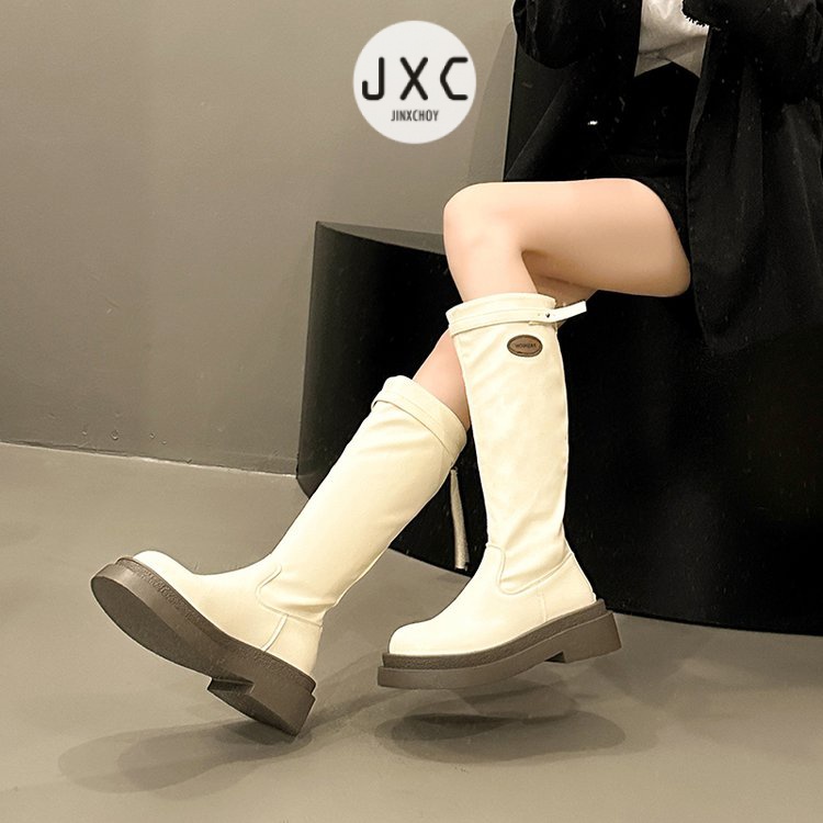 Giày Bốt Da pu Gót Thấp Mũi Tròn Phối Khóa Kéo Sau Phong Cách Anh Quốc Thời Trang Mùa Đông Cho Nữ