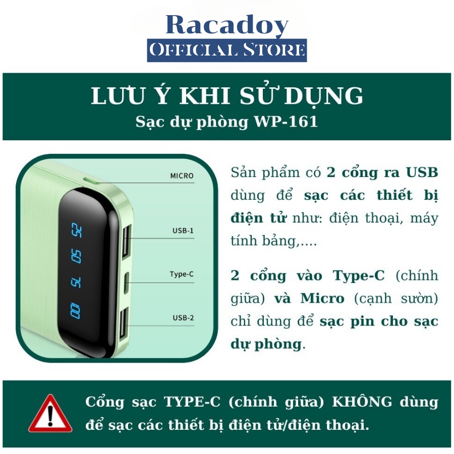 Pin Sạc Dự Phòng l 10000mAh - 20000mAh WK DESIGN WP-161 Sạc 2 Thiết Bị Cùng Lúc, Sạc Nhanh 2.1A - Racadoy
