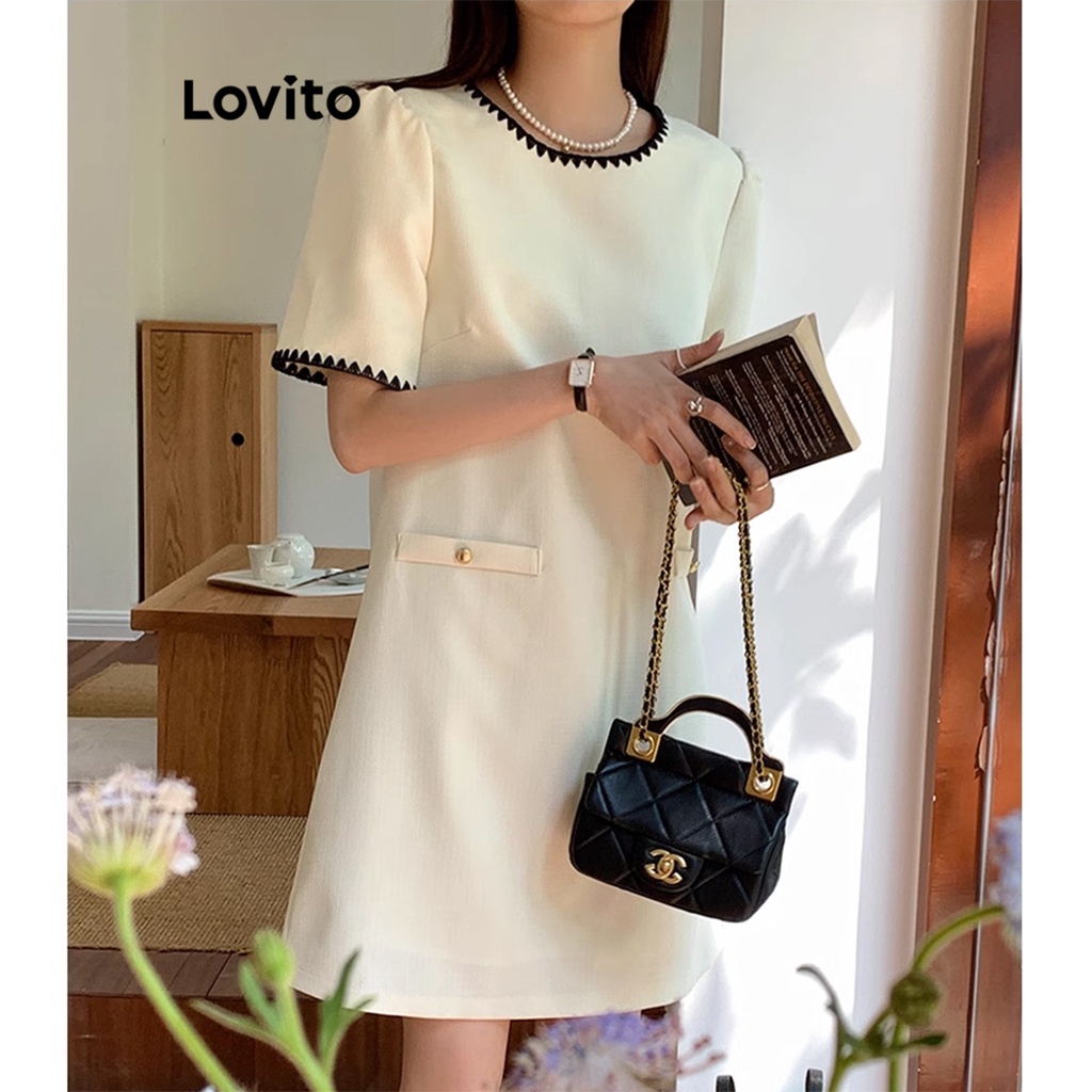 Lovito Đầm douyin cài cúc màu trơn thông thường dành cho nữ L68ED158 (Màu trắng ngà)