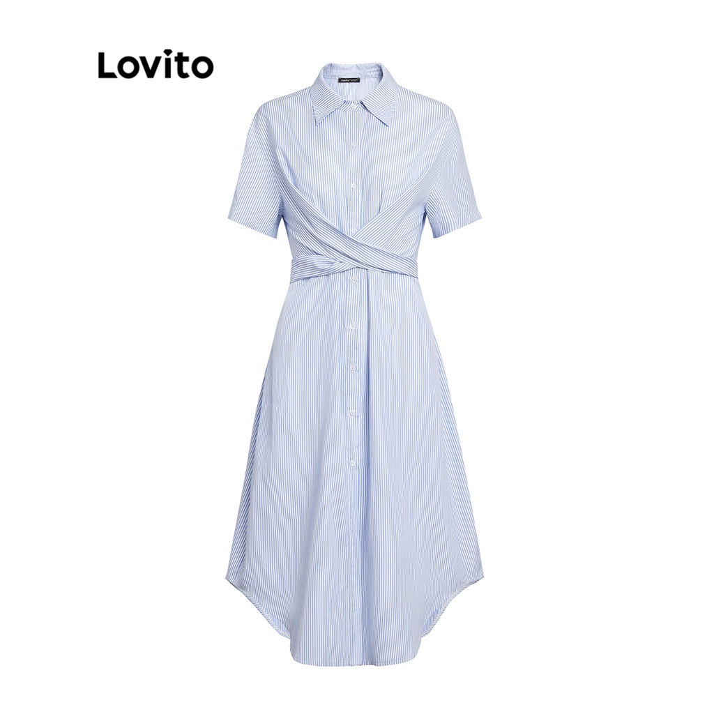 Lovito Đầm gumac thời trang nữ ngắn tay sọc thanh lịch chữ thập cho váy sơ mi nữ L35LD045 (Xanh nhạt)