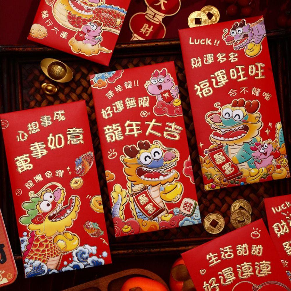 Set 6 Bao Lì Xì Màu Đỏ Họa Tiết Rồng Năm Mới 2024 Phong Cách Trung Hoa