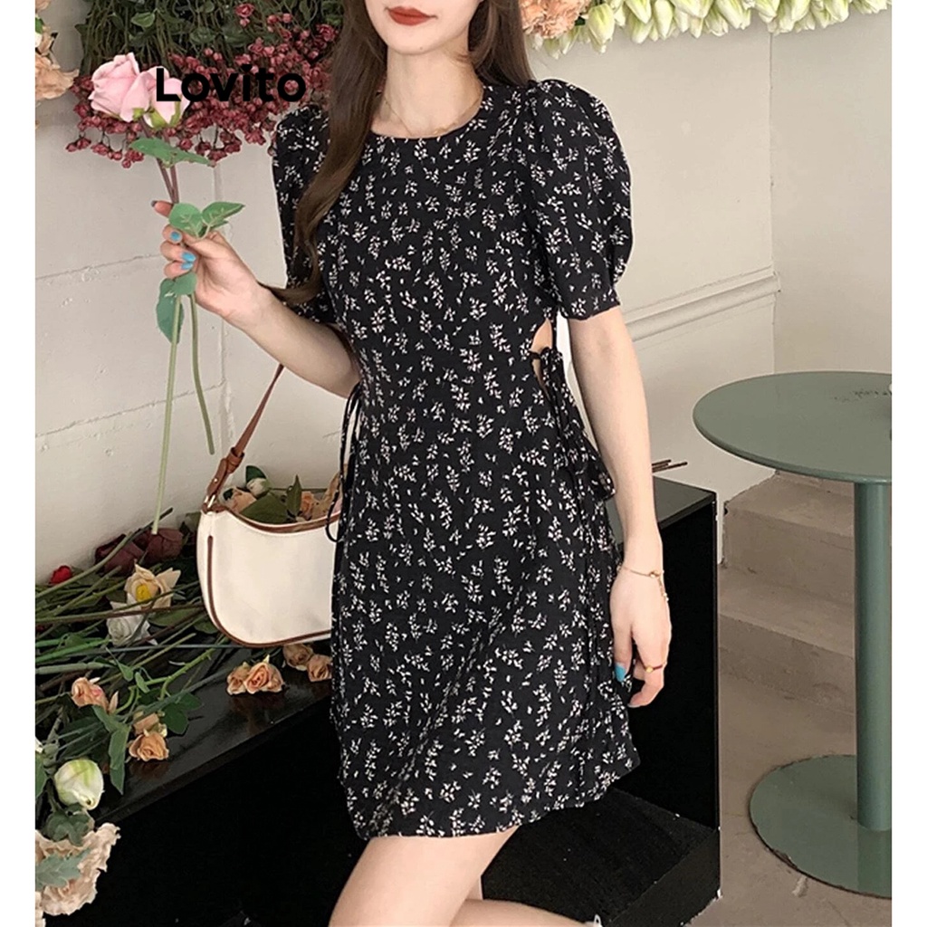 Lovito Đầm xòe tay phồng có ren hoa Ditsy giản dị dành cho nữ L71ED152