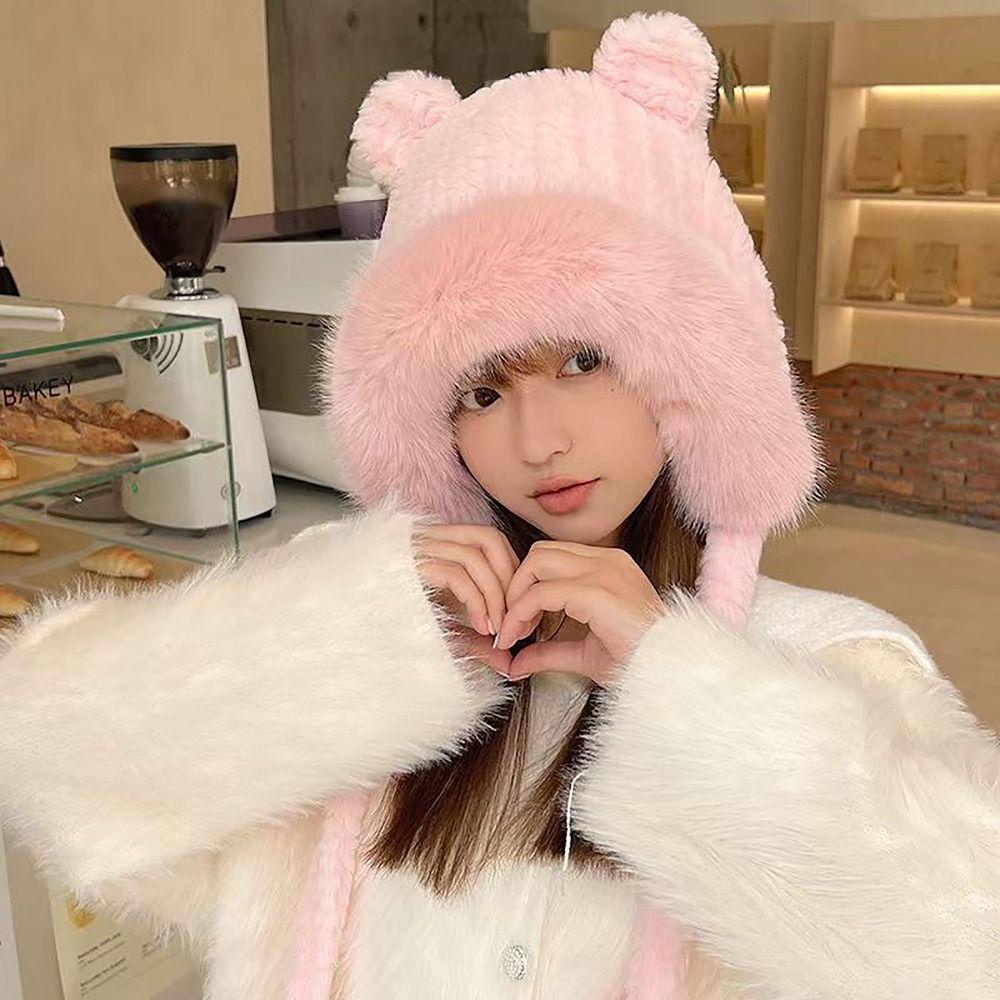 1 Mũ Len Tai Gấu Bông Giữ Ấm Mùa Đông Dành Cho Nữ