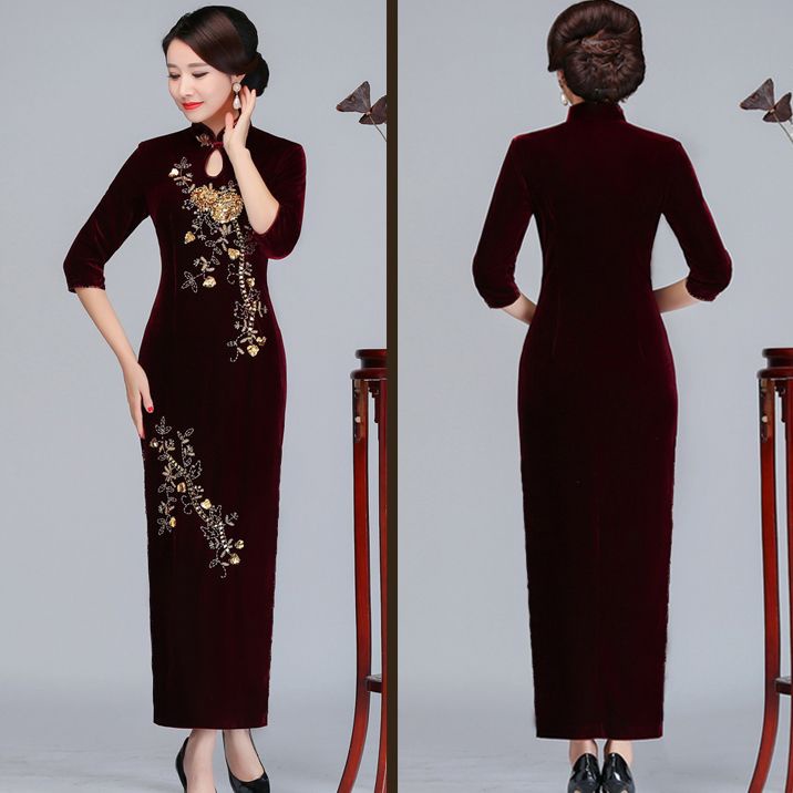 Đầm Sườn Xám Cách Tân Chất Nhung Tay Lửng Thêu Họa Tiết Phong Cách Trung Hoa Thời Trang Xuân Thu Cho Nữ