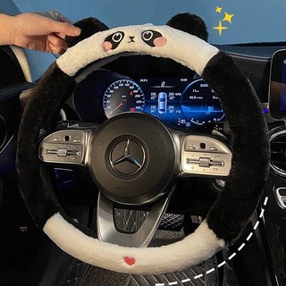 Panda Car Steering Wheel Cover Winter Plush Cartoon Cute Non-Slip Warm Thickened Steering Wheel Cover Four Seasons Universal Female Rnrt