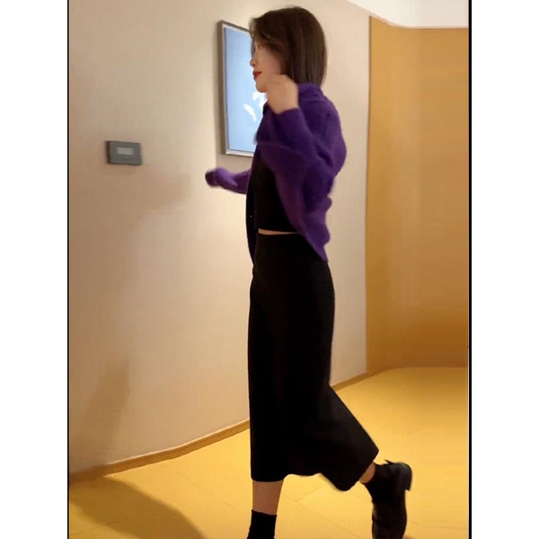 Bộ Áo cardigan Dệt Kim Tay Dài Màu Trơn Phối Chân Váy Cài Nút Thời Trang Mùa Thu 2023