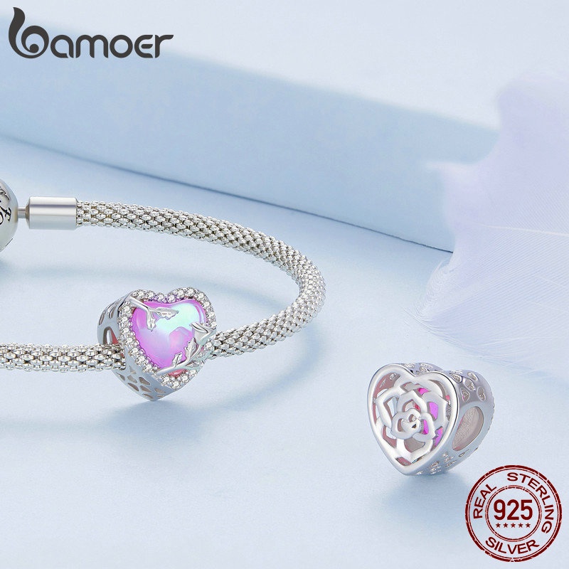 Mặt dây chuyền bạc 925 Bamoer hình mặt trăng và hoa hồng đính đá zircon thời trang